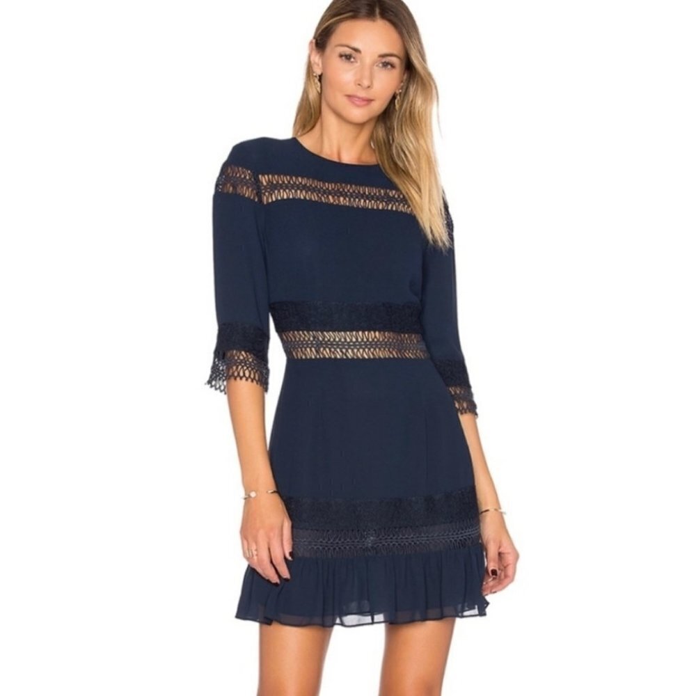 TULAROSA  Asher Dress in Deep Indigo, Ruffle at Hem,  with Lace Trim Small